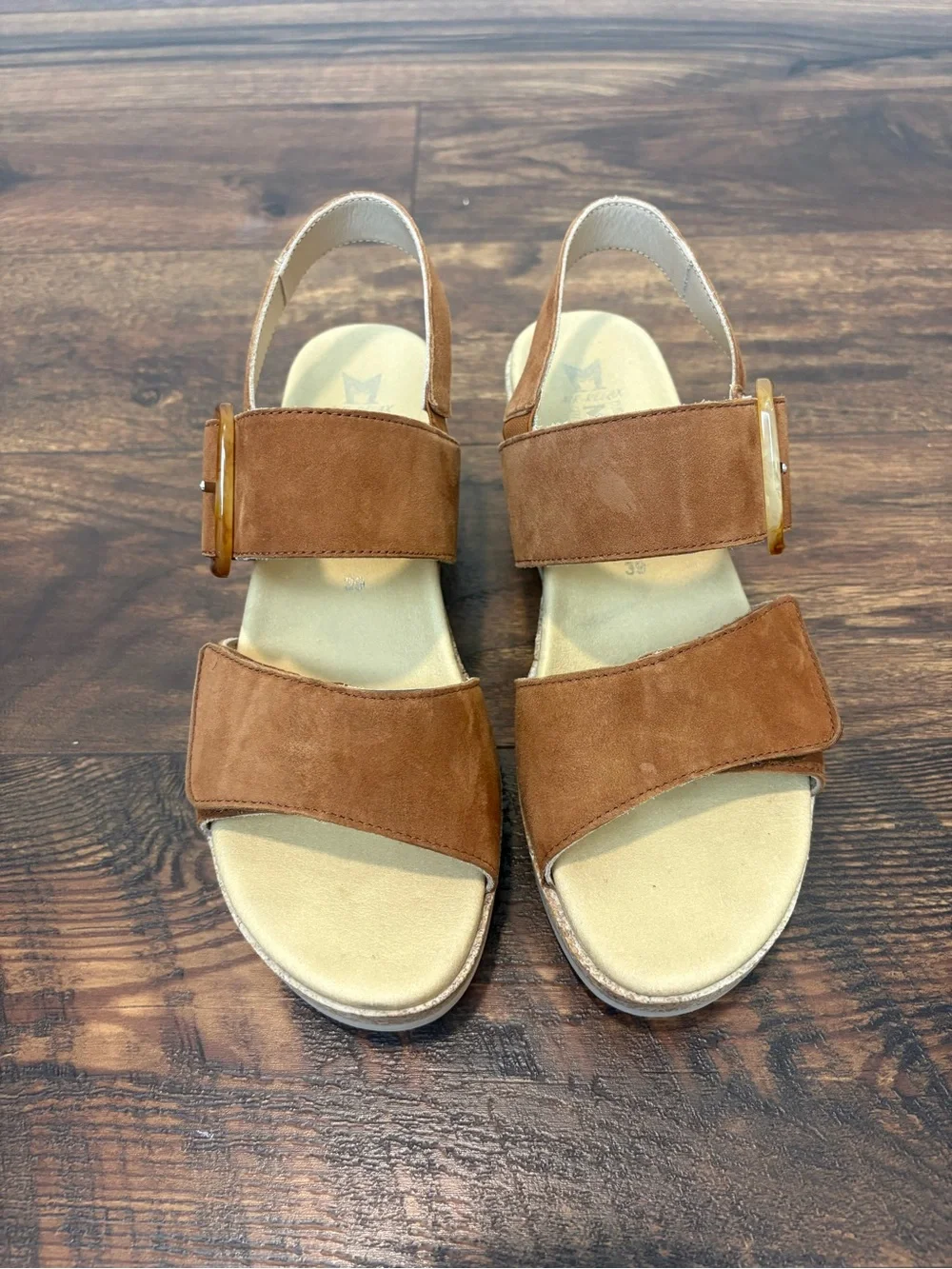 Mephisto Giulia Leather Wedge Heel Sandal Comfort Hazelnut Brown Size 9